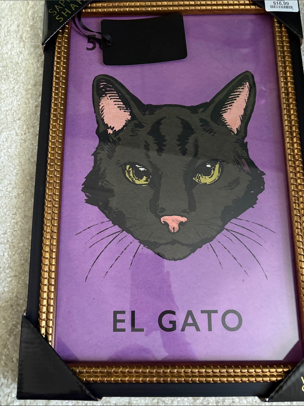 Sapna shah Purple "El Gato" Cat Wall Art Print with Gold Frame